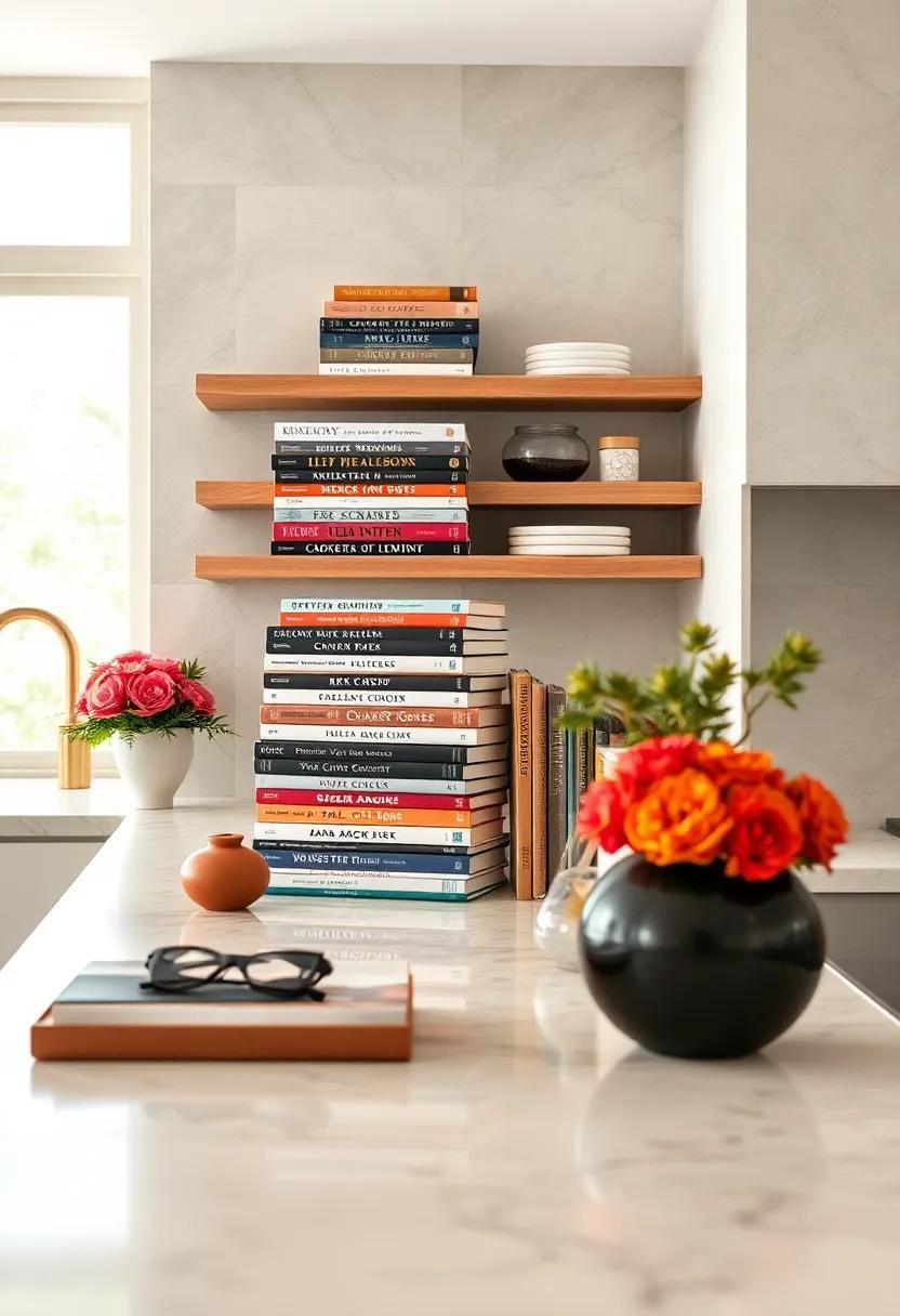 Stack your favorite cookbooks strategically to create height and interest on empty counters