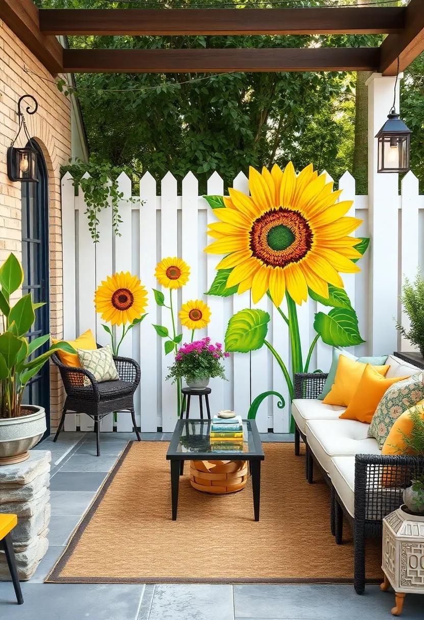 A cheerful ‌sunflower mural painted in⁣ vibrant yellows and greens brings warmth ​and joy to a​ classic white picket fence