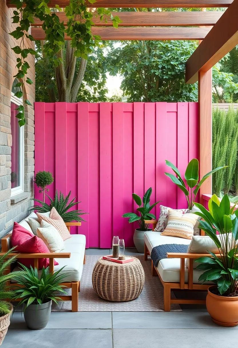 A gradient ombre effect transitioning from soft pink to deep magenta injects a modern artistic flair ⁤into a simple⁣ wooden fence