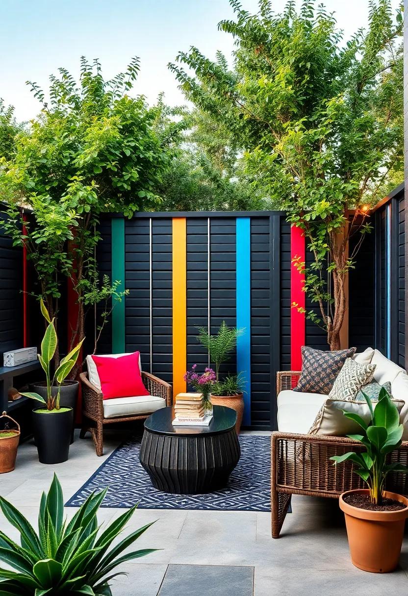 A minimalist black base with thin, colorful ⁤lines weaves subtle⁣ vibrancy into an understated modern ‍fence design