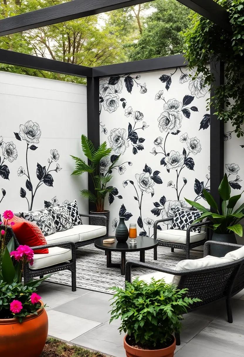A monochrome ⁣black-and-white floral pattern offers elegant ​contrast and timeless sophistication for any garden backdrop