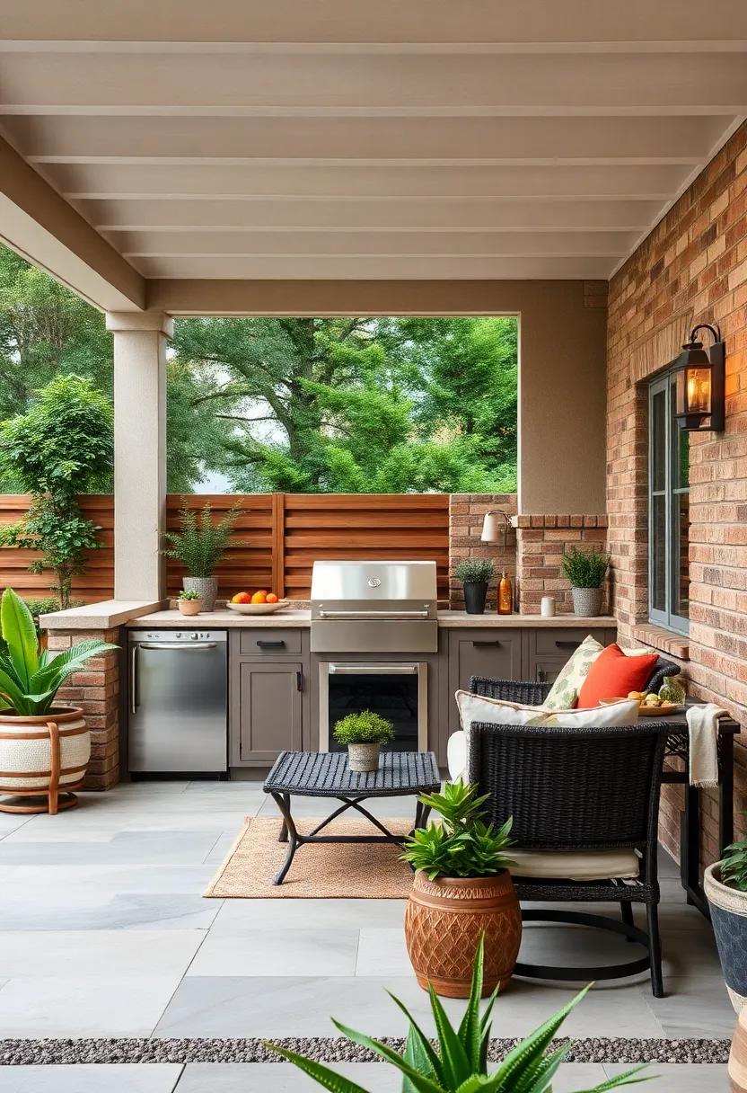 Earth-Toned Cabinets‍ with Brick Surround and Built-In Ice Maker‌ for Effortless Hosting