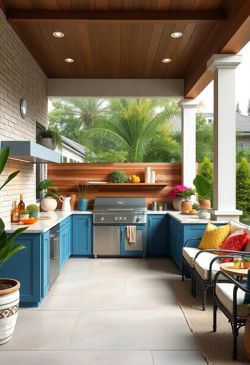 Coastal-Inspired Blue Cabinets⁤ Combined with ​Weather-Resistant Wood Accents and Marble Top