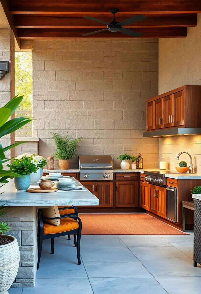 Rustic⁢ wooden Cabinets Paired with⁤ a⁢ Stone​ Countertop for a⁣ Warm, Inviting Patio⁢ Setup