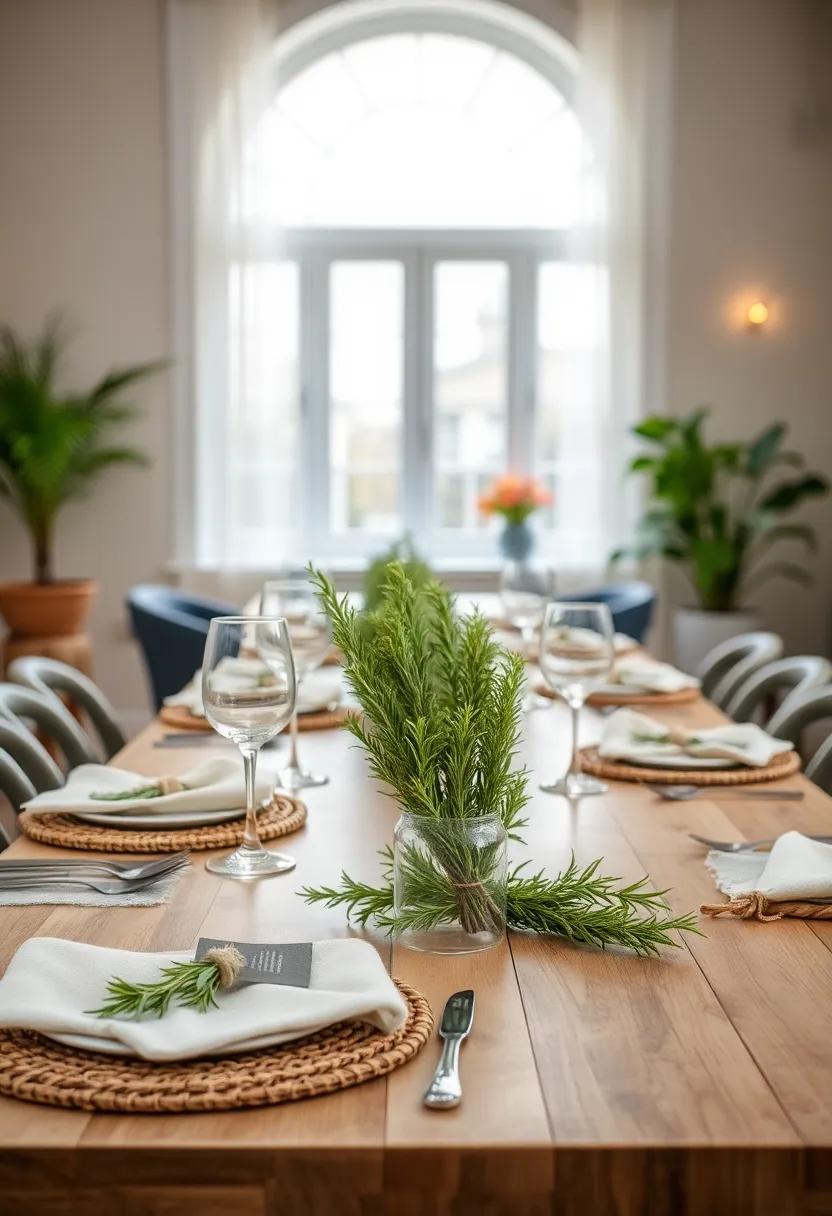 Rosemary ​Rustic Charm: Weave ‌rosemary sprigs into woven ‍chargers or ⁤tie them to cutlery with natural twine for a woodsy touch