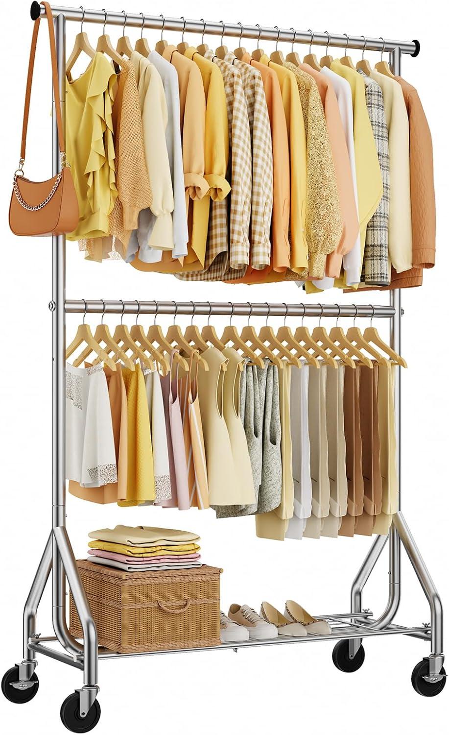 Double Rod Heavy Duty Clothes Rack Durable Spacious And Easy To Roll