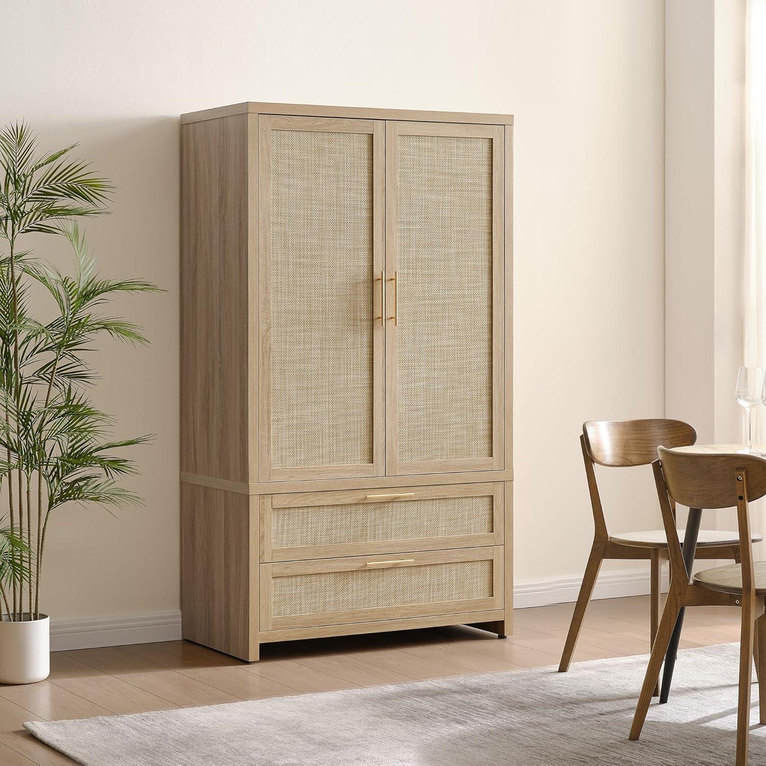 Spacious & Stylish Boho Rattan Armoire: Easy Assembly, Solid Build