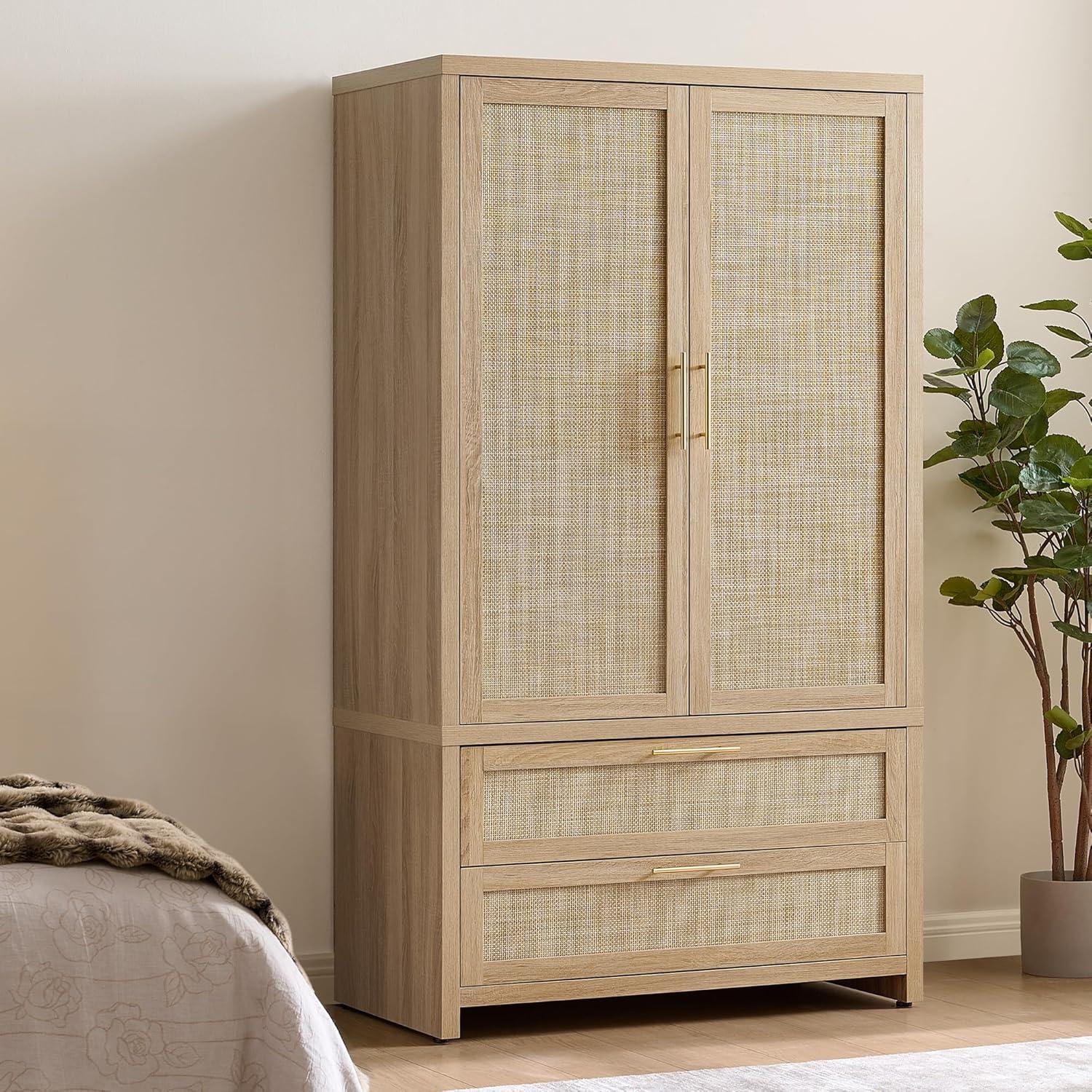 Spacious & Stylish Boho Rattan Armoire: Easy Assembly, Solid Build