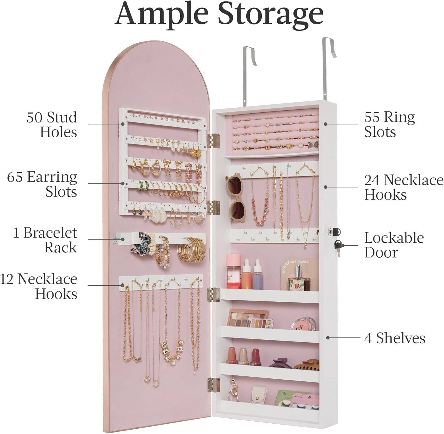 stylish & Spacious Jewelry Storage with Full-Length Mirror in Rose Gold