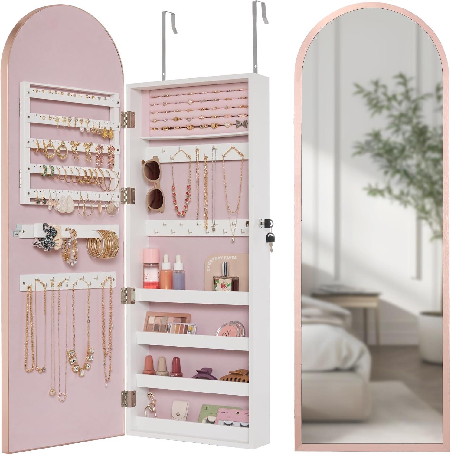 Stylish & Spacious Jewelry Storage with Full-Length Mirror in Rose gold