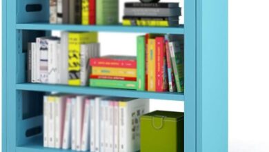 Discovering Space And Style With A Blue Steel Floor To Wall Bookcase