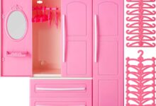 Organizing Doll Clothes With A Classic Pink Wardrobe And Hangers