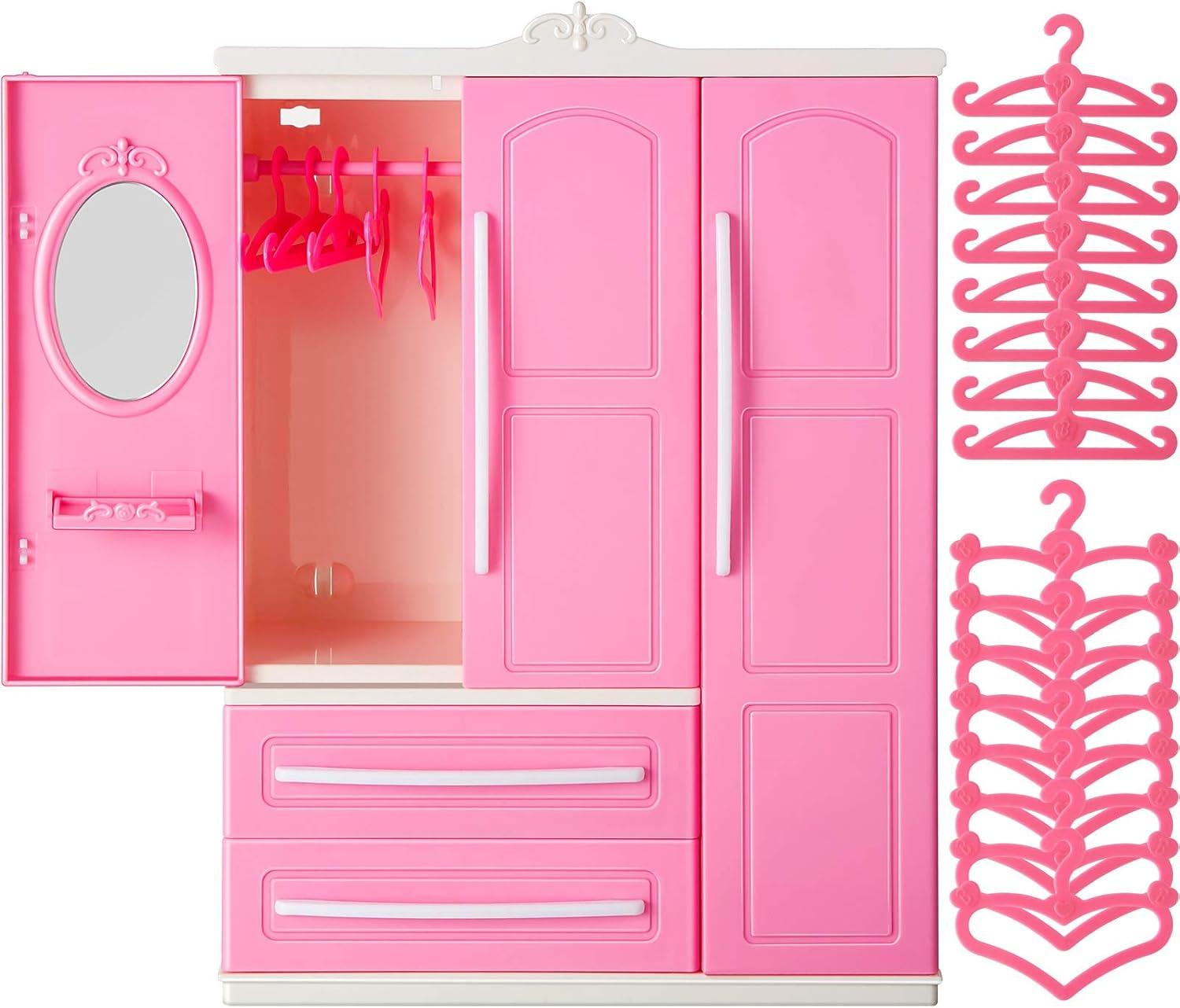 Organizing Doll Clothes With A Classic Pink Wardrobe And Hangers