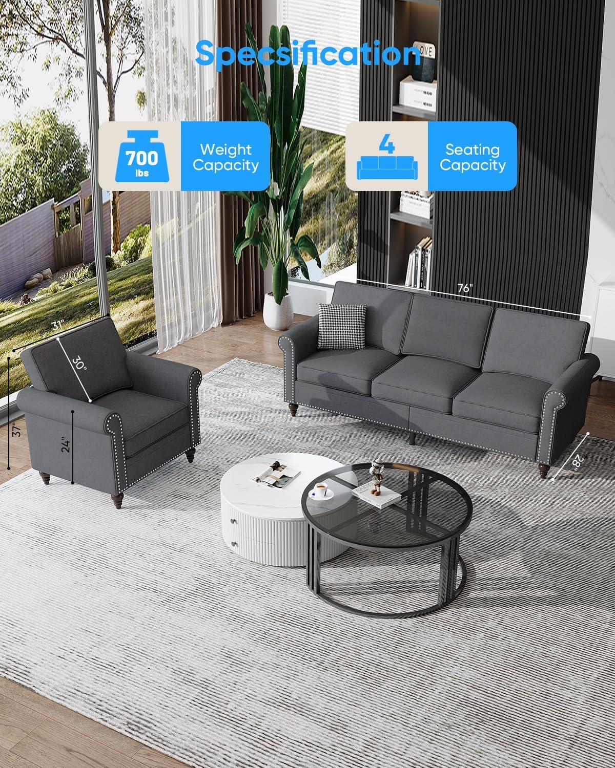 Sofa Sets 2pc Modern ‍3-Seater & Loveseat: fits ​your space