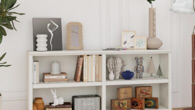 Blini White Double Wide Wood Bookshelf Framing A Study Nook