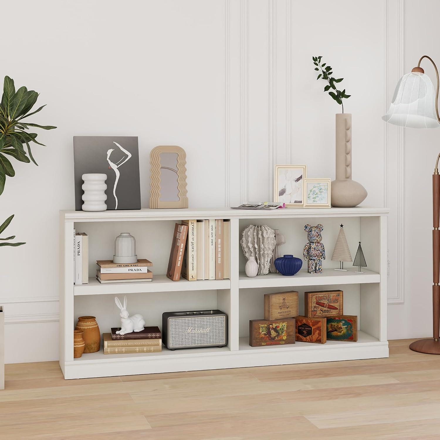 Blini White Double Wide Wood Bookshelf Framing A Study Nook