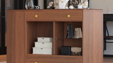 Closet Storage Walnut Vanity Island Framing A Dressing Zone