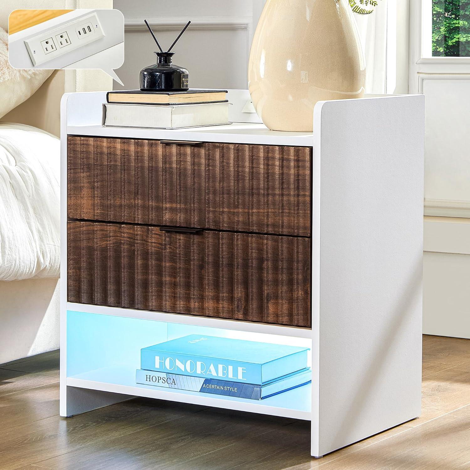 Fluted Farmhouse Nightstand And Charging Hub That Softly Illuminates