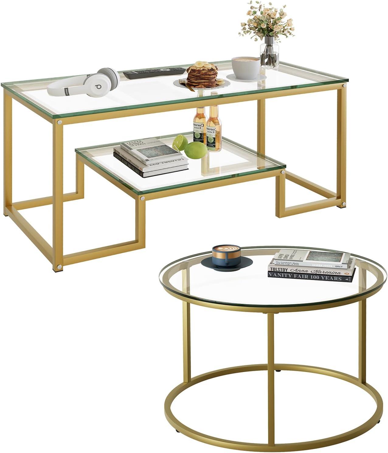 Wolawu Gold Round Glass Coffee Table Framing A Small Sofa