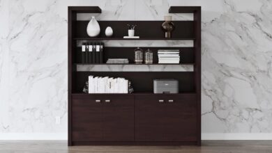 Zuri Madison Bookcase In Dark Walnut Framing An Office Wall