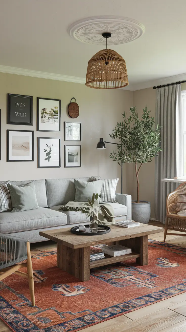 Farmhouse Living Room with Grey Sofa
