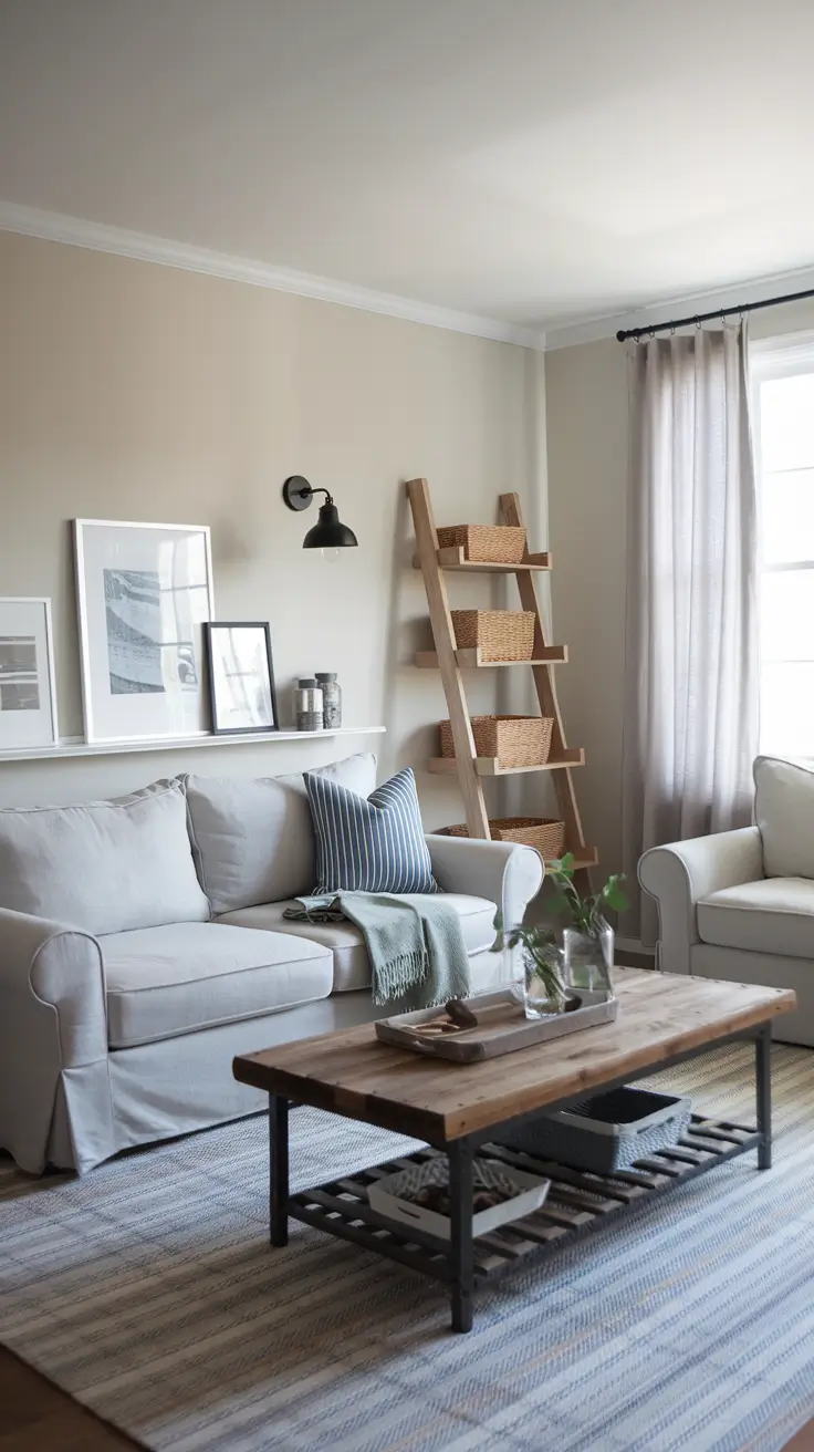 Farmhouse Living Room with Brown Sofa