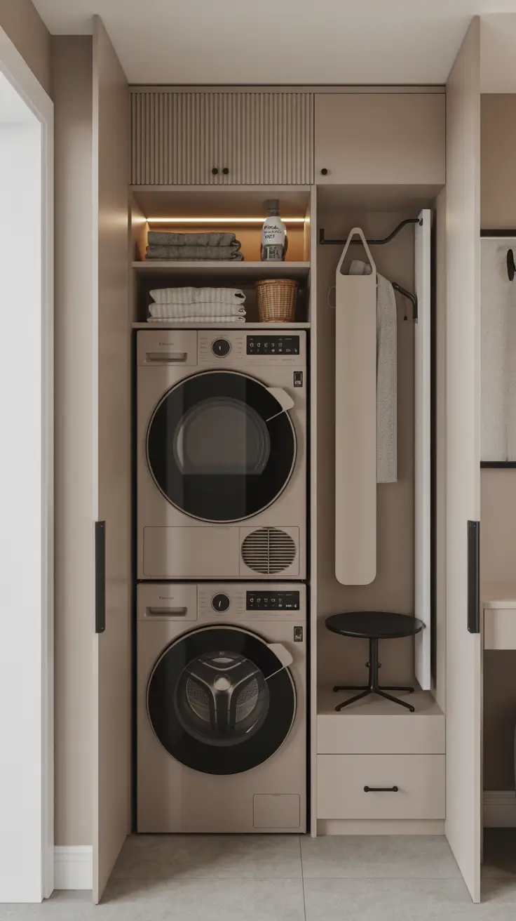 Stacked Laundry with Pull-Out Storage