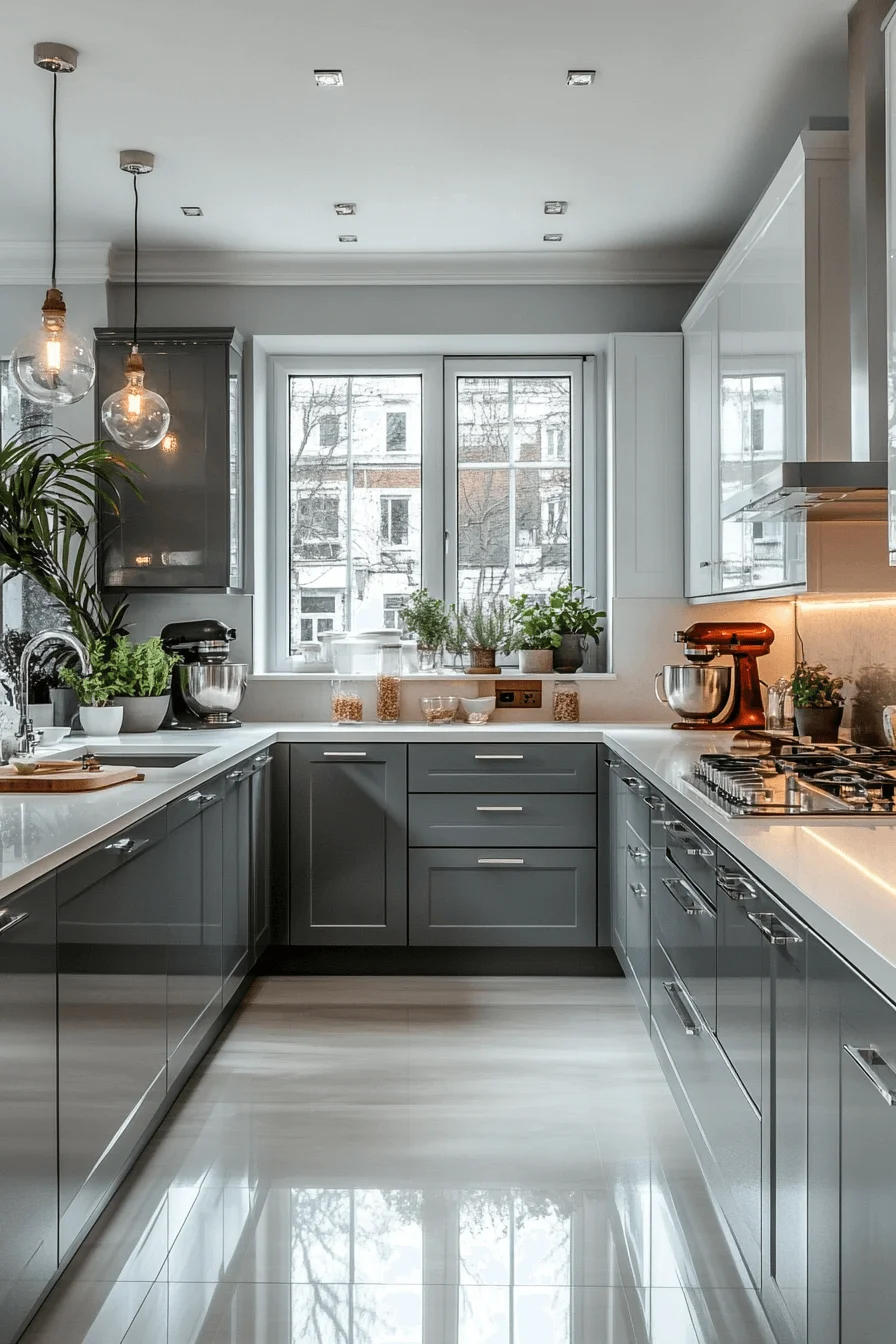 grey and white kitchen cabinets