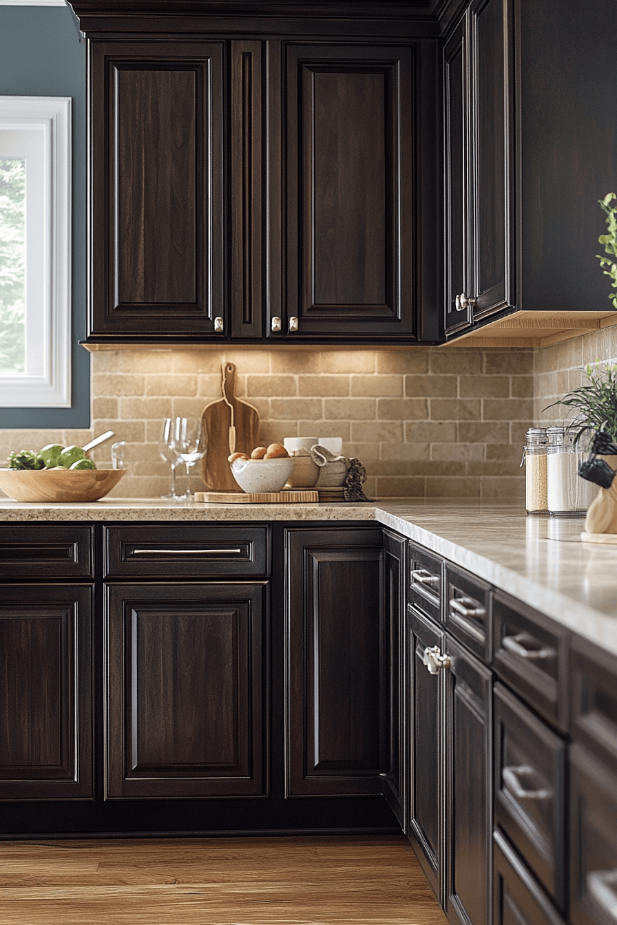 dark stained kitchen cabinets