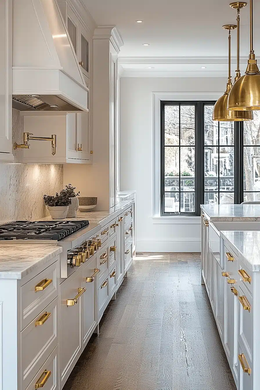 white and gold kitchen