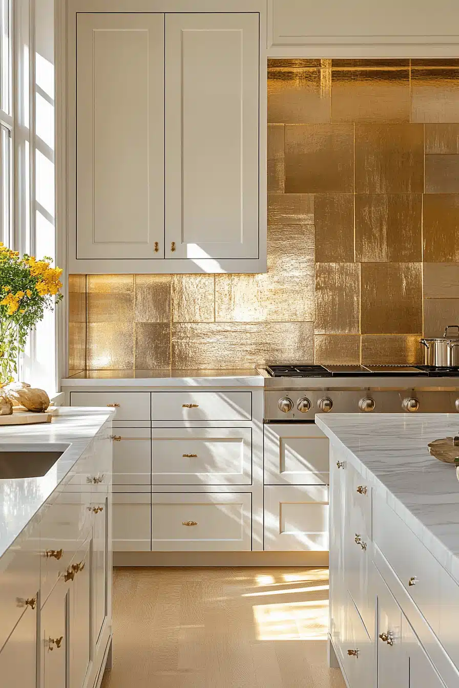white and gold kitchen