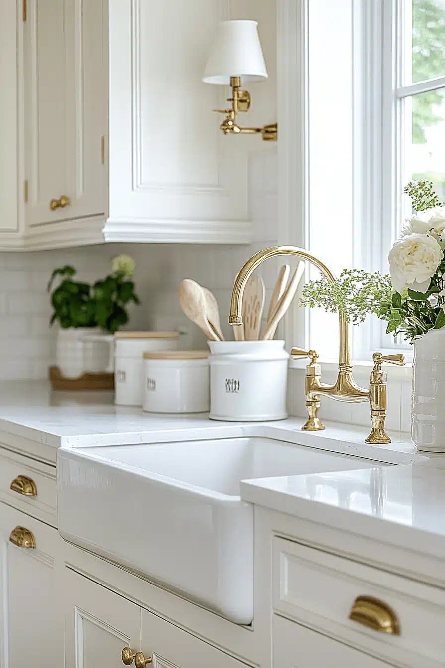 white and gold kitchen