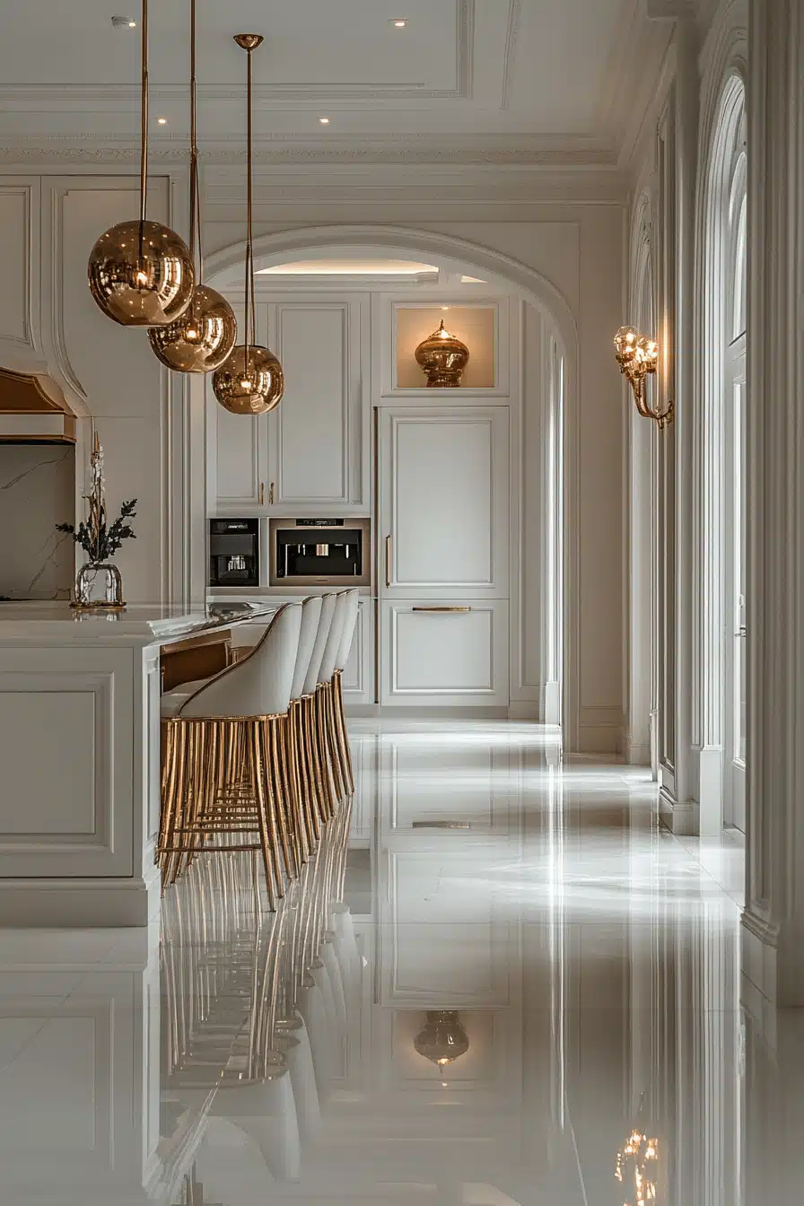 white and gold kitchen