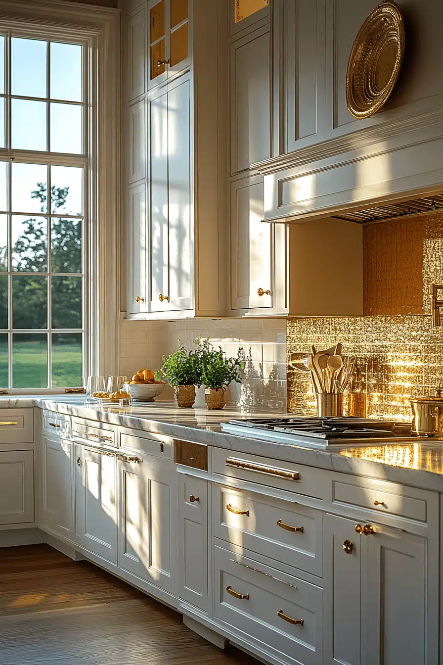 white and gold kitchen