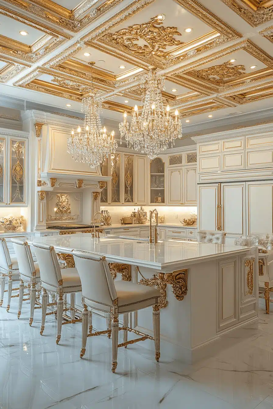 white and gold kitchen