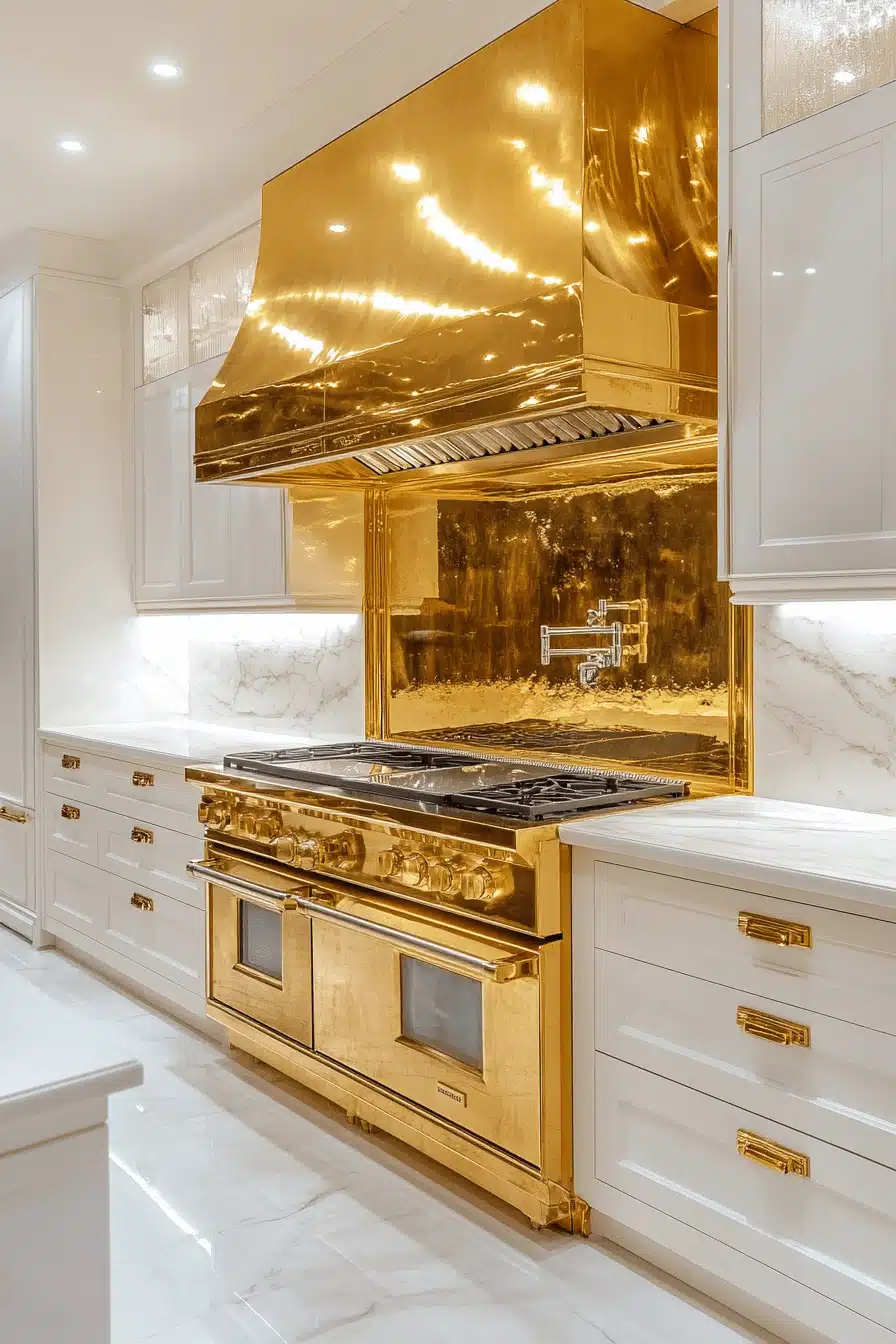 white and gold kitchen