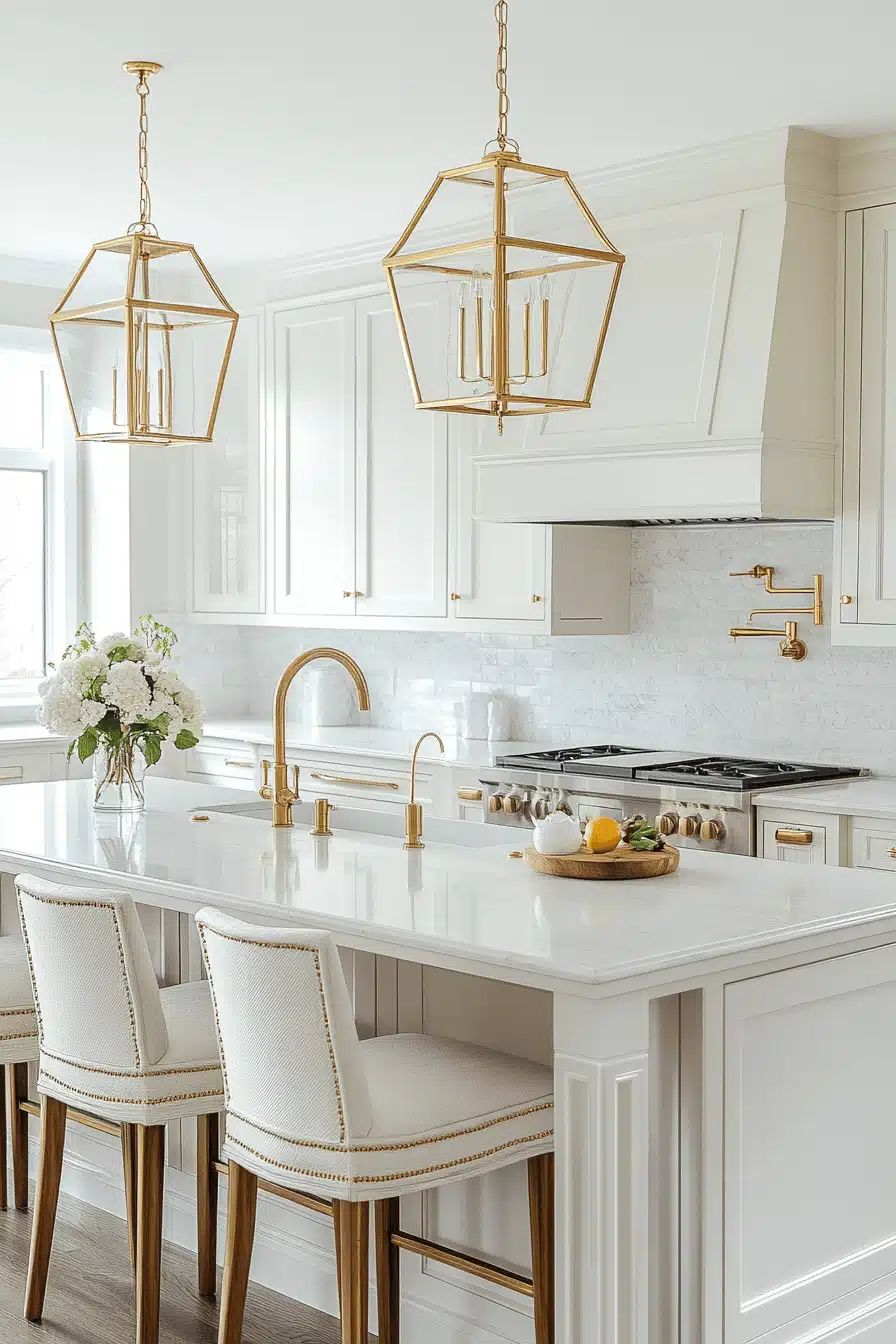 white and gold kitchen