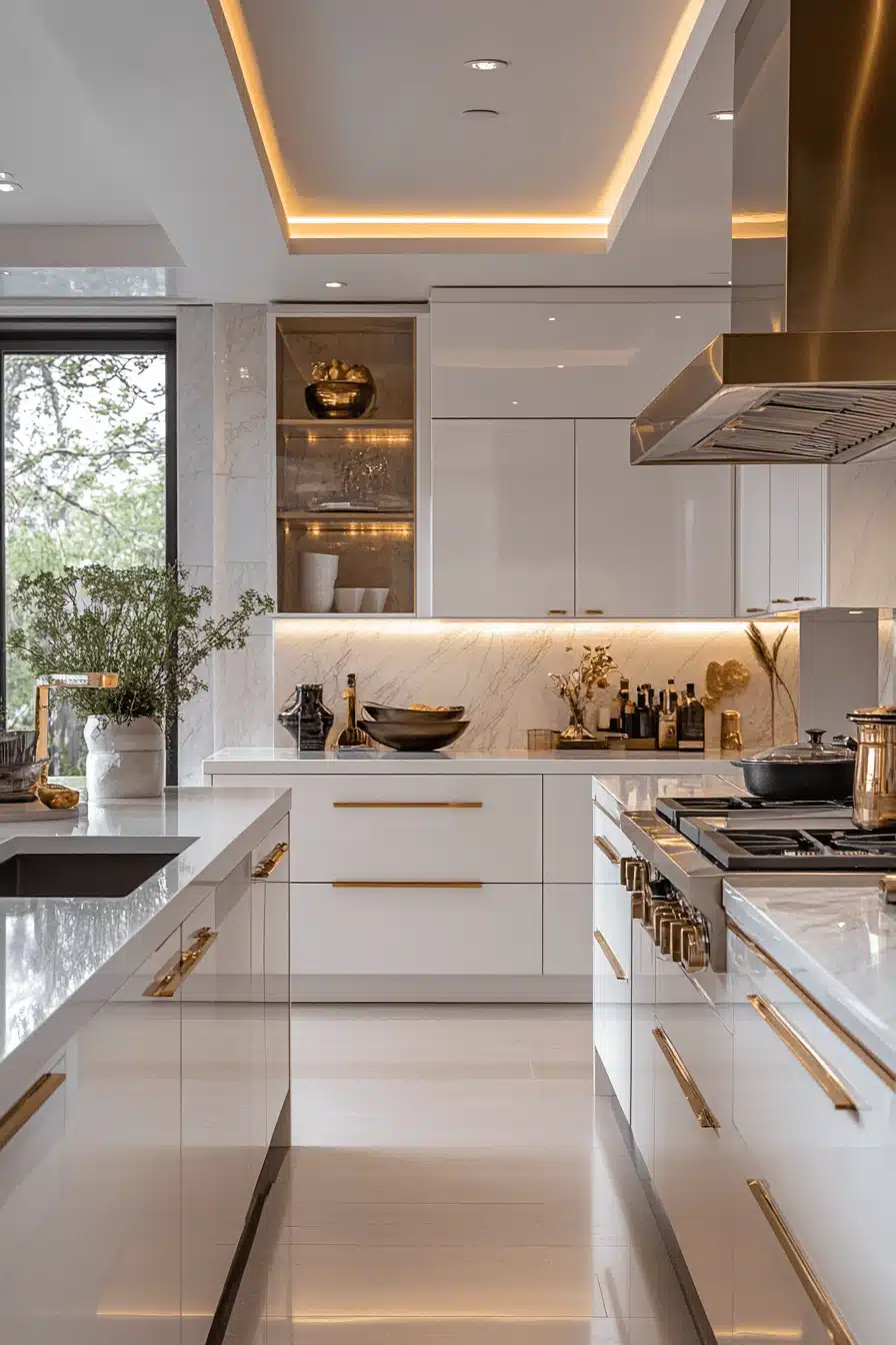 white and gold kitchen