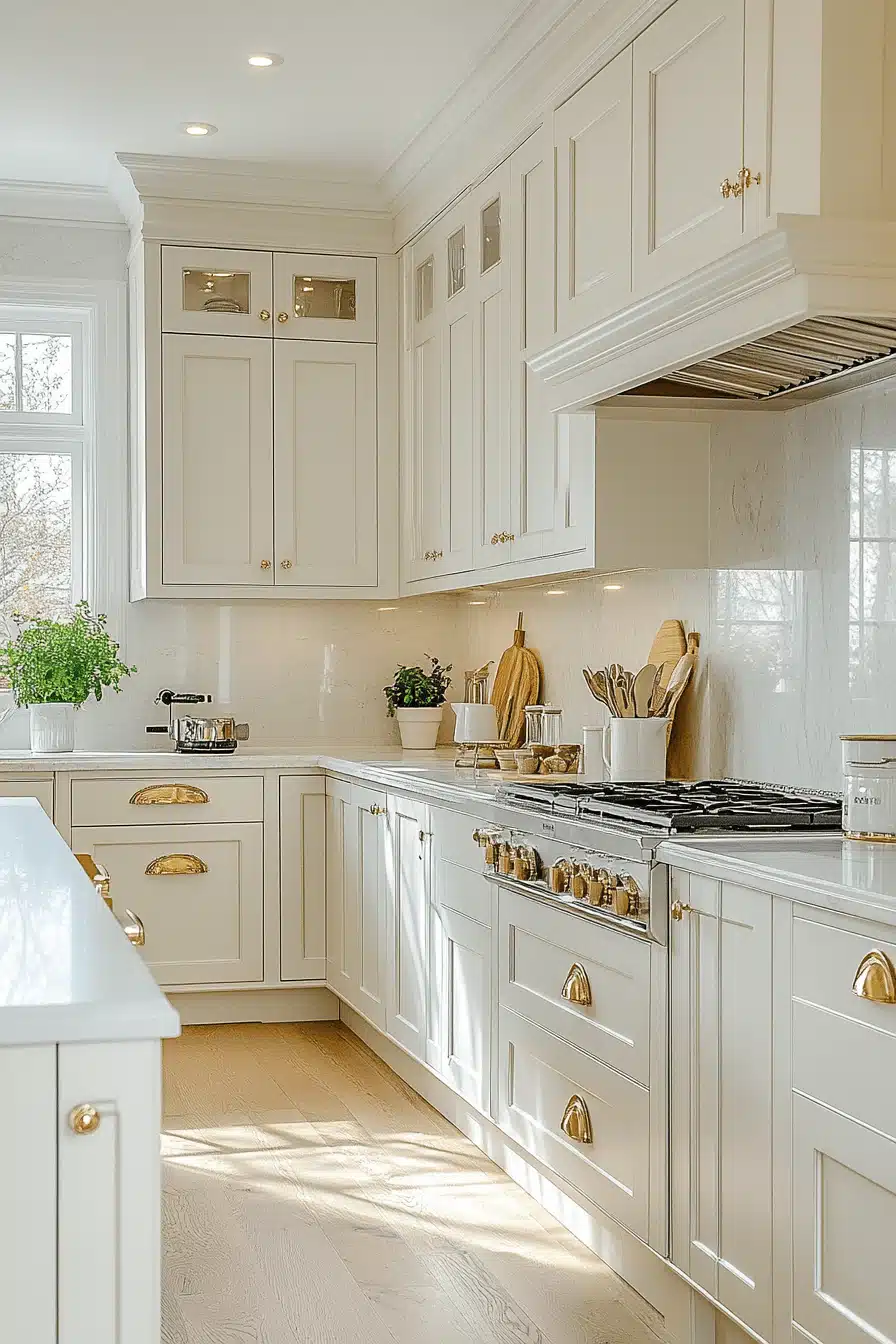 white and gold kitchen