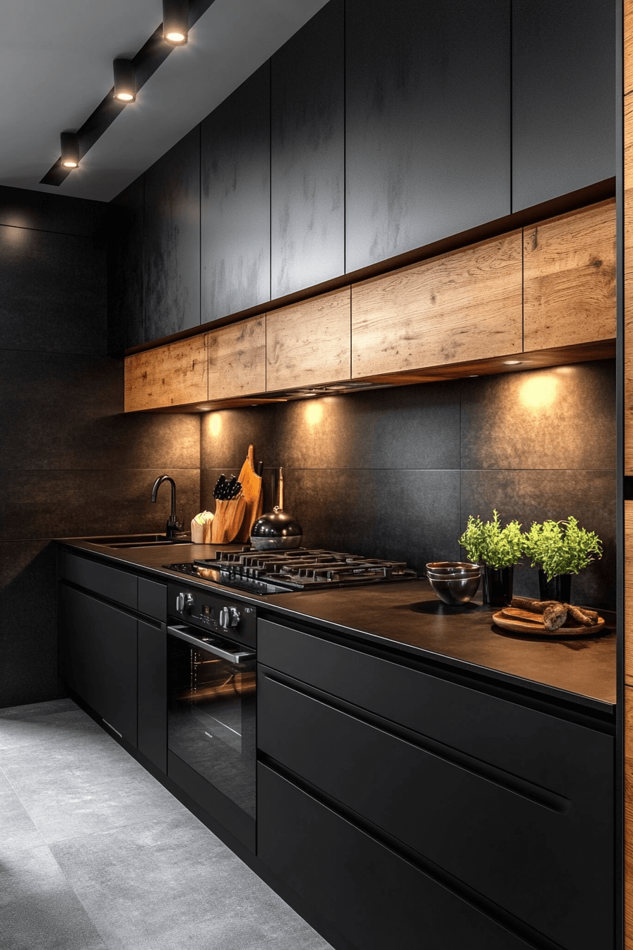 high contrast black and wood kitchen