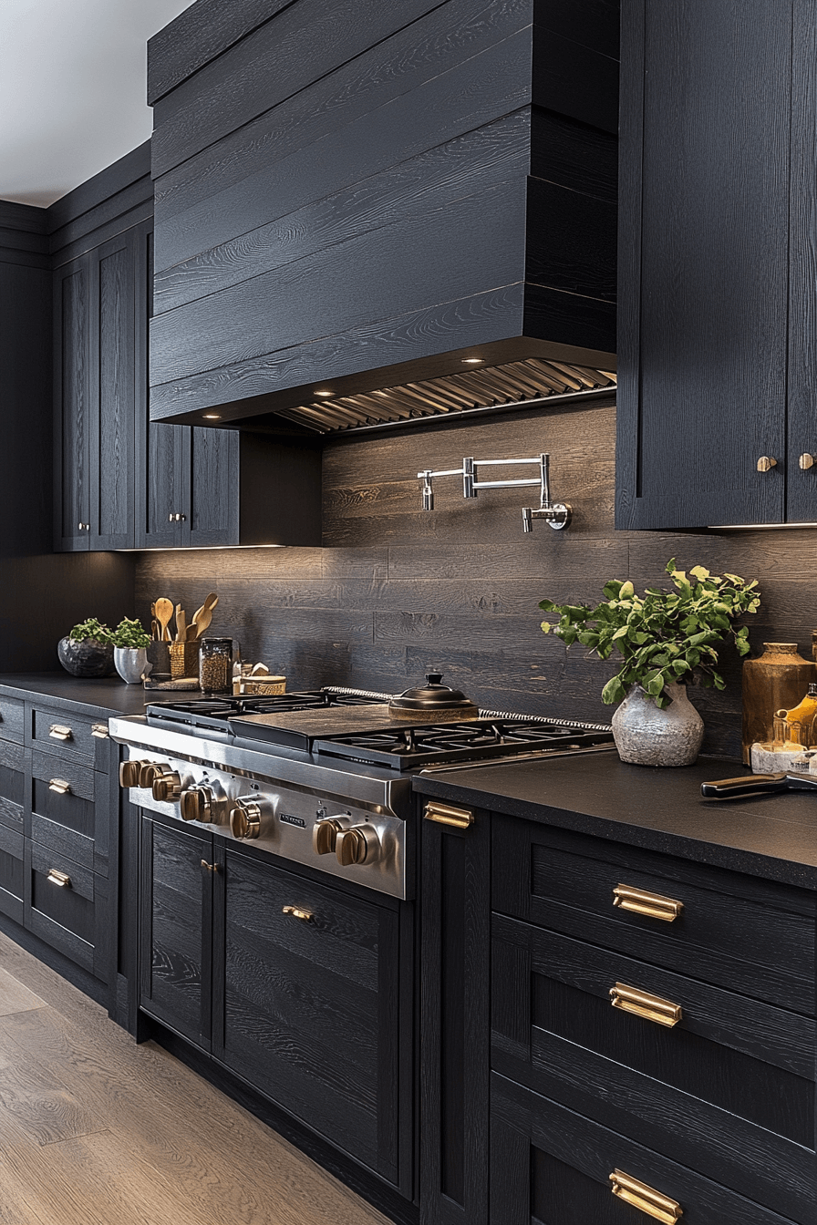 dark wood and black kitchen