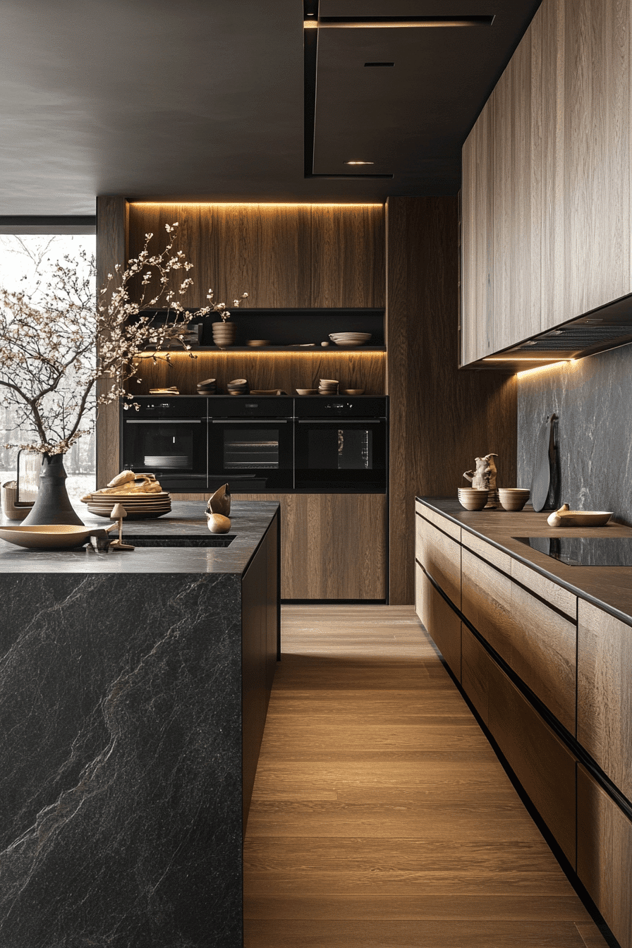 serene modern black and wood kitchen