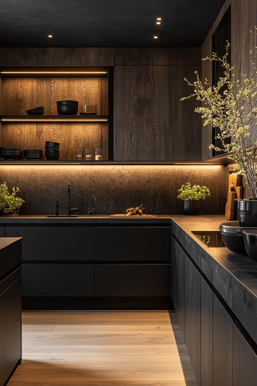moody wood and black kitchen