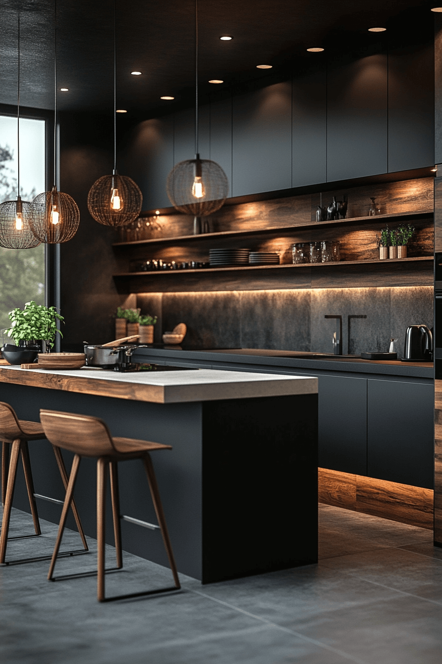 chestnut wood and black kitchen