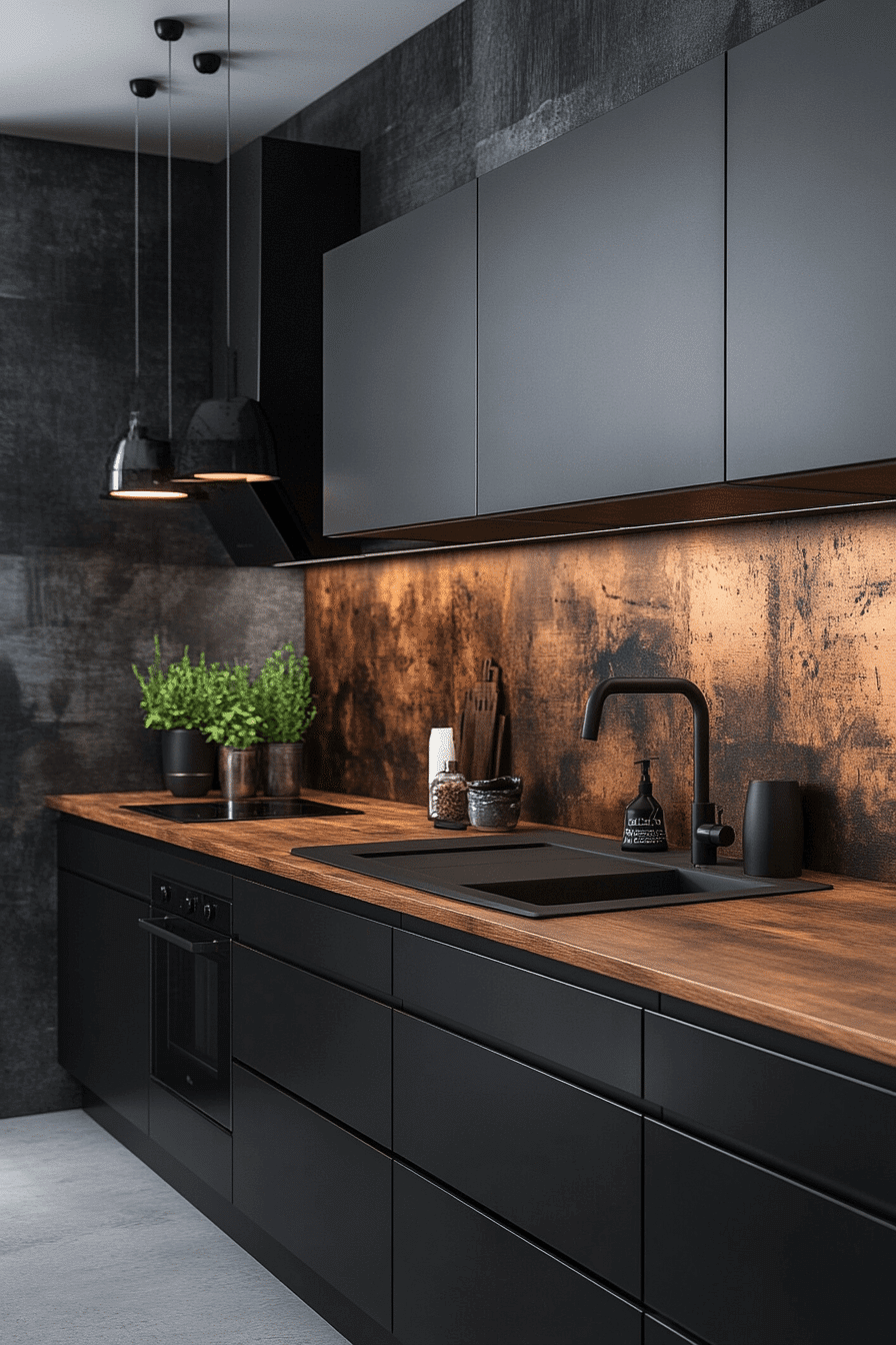 clean grain wood and black kitchen