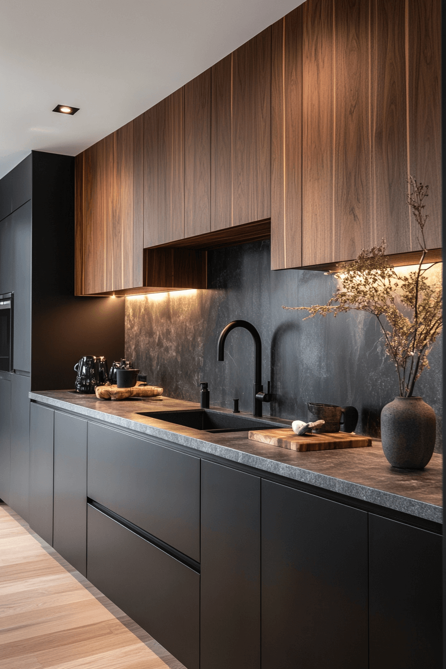 walnut accented black and wood kitchen
