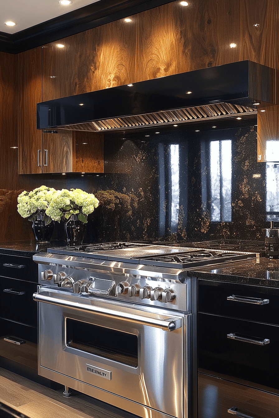 glossy wood and black kitchen