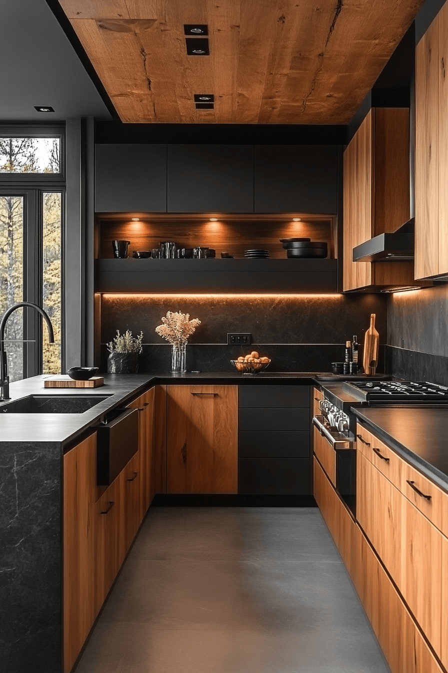 smoked wood and black kitchen