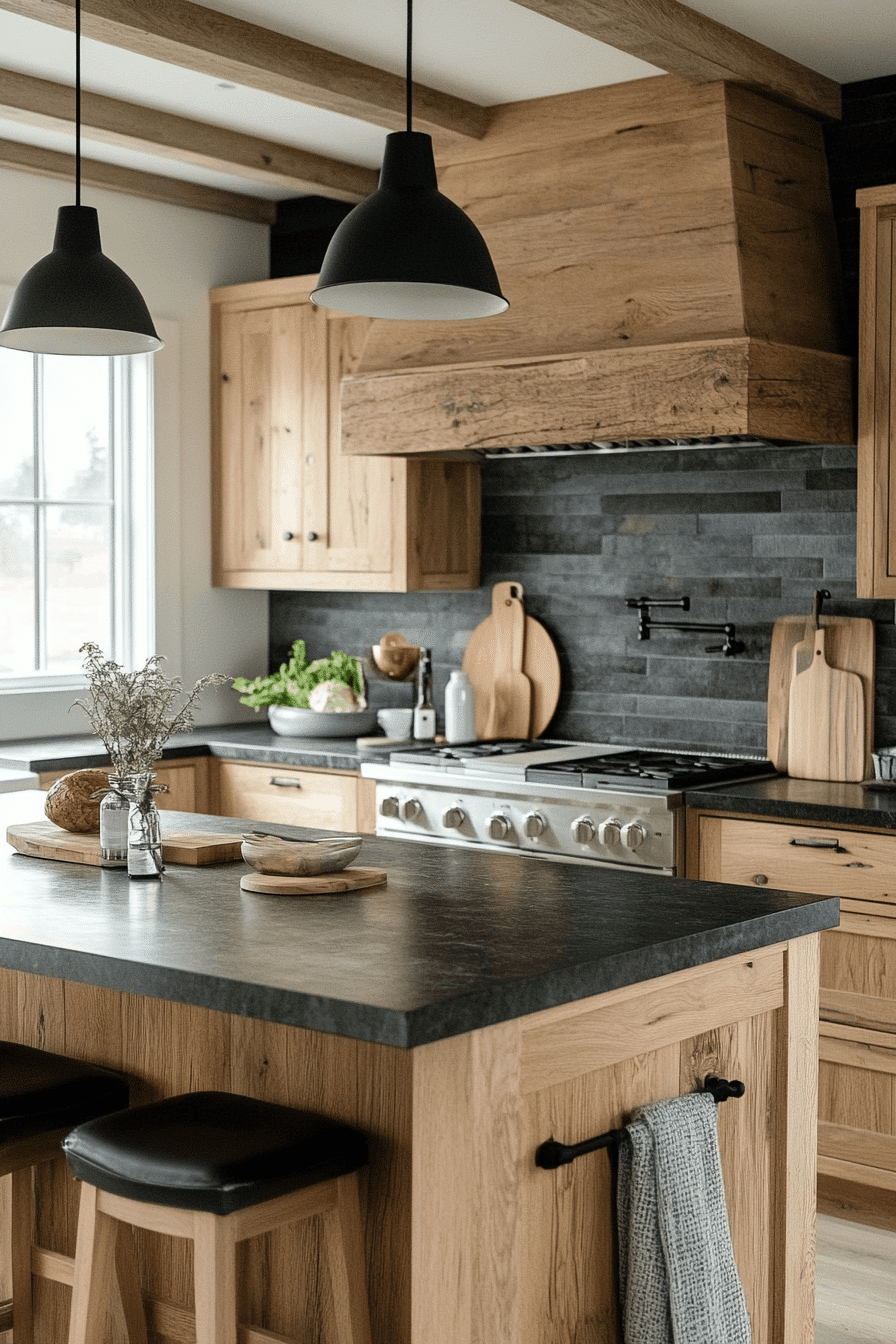 soft black and natural wood kitchen