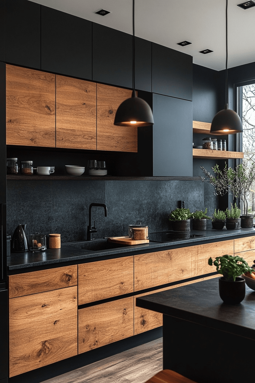 birch wood and dark countertop kitchen